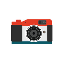 Vector illustration. Cute film retro photo camera. Modern digital device with lens in vintage style. Sticker with contour. Isolated on white background