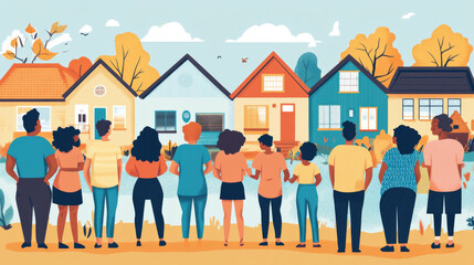 Neighbors helping each other out. A community meeting or acts of kindness, like sharing chores. A group of diverse people, seen from behind, standing in front of homes.