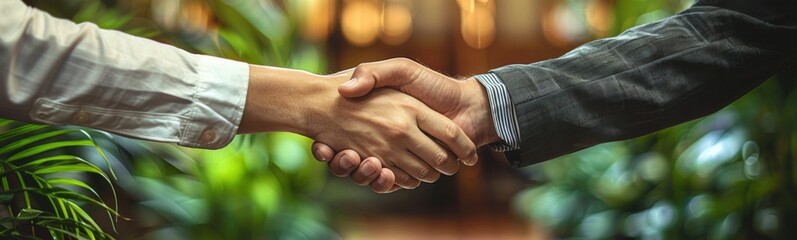 There are two people shaking hands in front of a plant