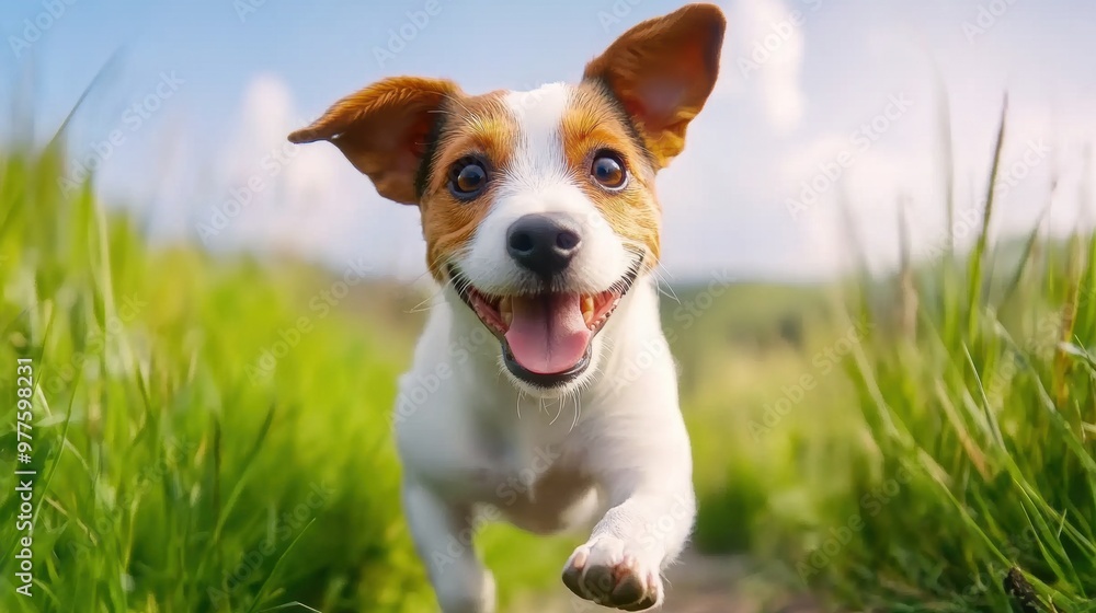 Poster A dog is running through a field of tall grass, AI