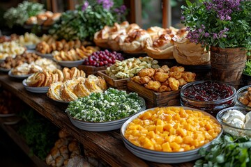 Brunch spread with a variet of dishes pastries. Village Breakfast with pastries, vegetables, greens, spreads, cheeses, fried eggs, jams. 