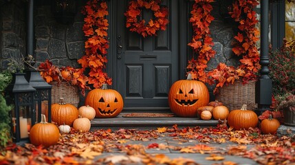 Halloween pumpkin decorations. Pumpkin for decorated house. Halloween Decorated at front yard of a American home. Halloween decorated front door with pumpkins.