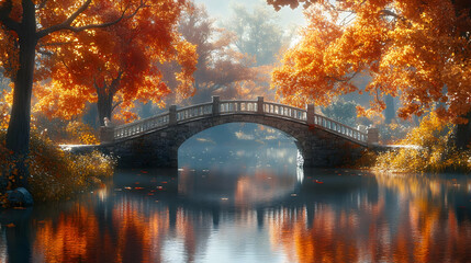 Autumnal Bridge over Still Water - 3D Illustration