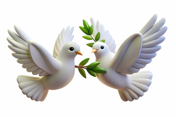 3D Floating Doves with Olive Branches Isolated for Human Rights Day - Symbolizing Peace and Freedom on a White Background