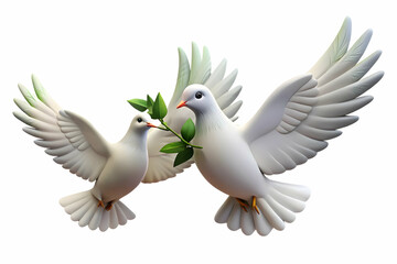 Two Floating Doves Holding Olive Branches Symbolizing Peace and Freedom for Human Rights Day - Weightless Ethereal Representation in Wide Shot