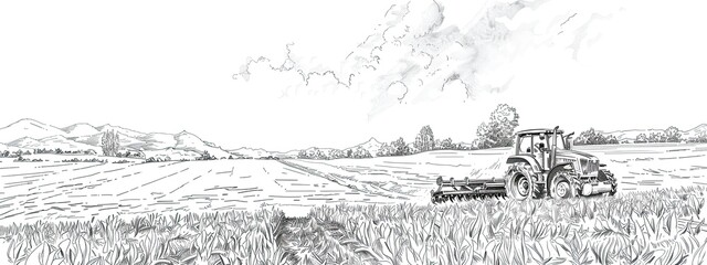 A rural landscape with agricultural machinery is harvesting crops with a plow. Sketch illustration.