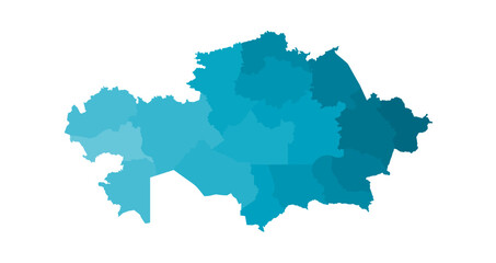 Map of Kazakhstan. 17 administrative regions in different shades of blue. Simplified vector illustration of the political map of the Republic of Kazakhstan