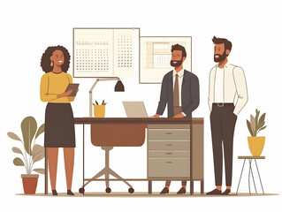Fototapeta premium Flat Candid Office Planning Concept: Colleagues Discussing 2025 Goals in a Modern Workspace � Simple Vector Illustration