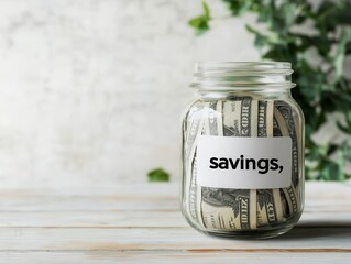 Waterfall of dollar bills cascading into a jar labeled "savings," funds concept, liquidity in savings