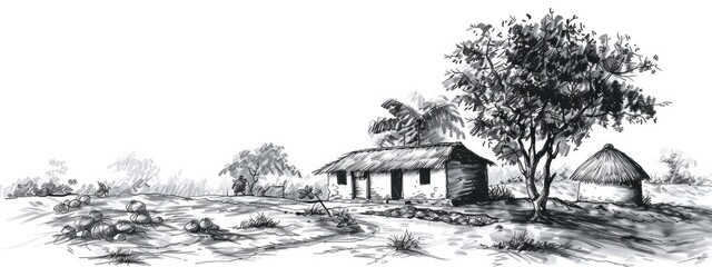 Traditional Indian village where farmers live. Sketch illustration.