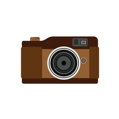 Vector illustration. Cute film retro photo camera. Modern digital device with lens in vintage style. Sticker with contour. Isolated on white background
