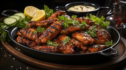 Fototapeta premium Grilled Chicken Wings with Char Marks, Garnished with Fresh Herbs and Served with Lemon