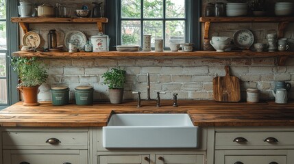 Rustic Kitchen with Wooden Countertop and Farmhouse Sink