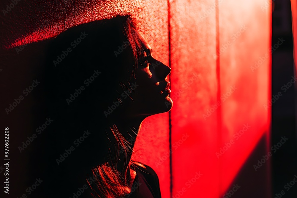 Wall mural silhouette of a woman in red light with water splashing on her face