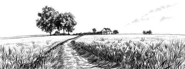 A path through a farmer's field. There is a country house in the distance. Sketch illustration.