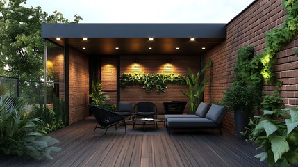 Modern outdoor patio with brick wall, green plants, and comfortable seating.