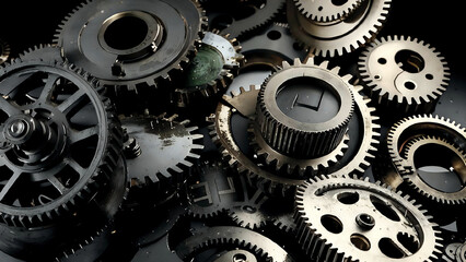 Close-up view of metal gears and cogwheels in industrial machinery. The complex mechanical system is engineered for precision and durability