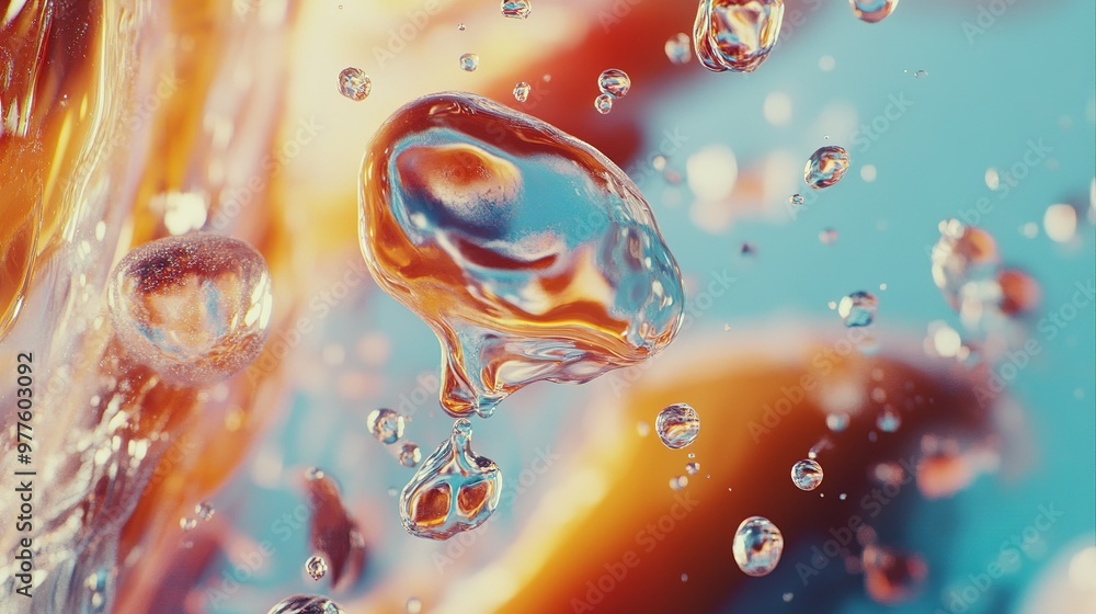 Poster colorful droplets suspended in liquid create a mesmerizing display of bubbles and reflections in an 