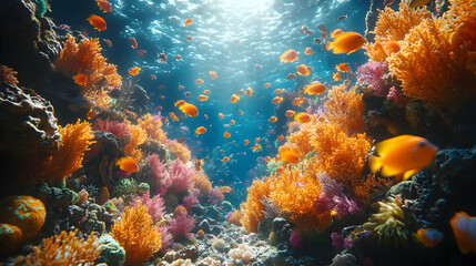 Obraz premium Underwater Coral Reef with Colorful Fish Illustration