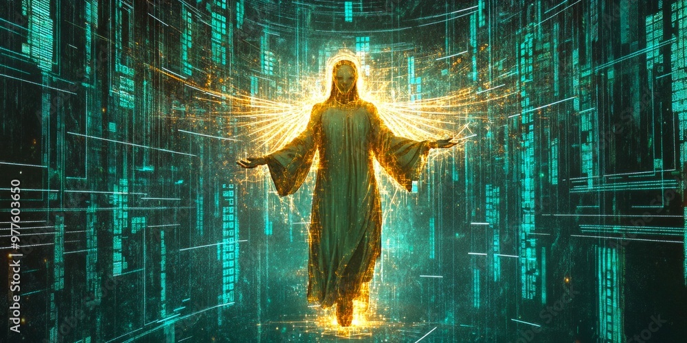 Poster a glowing figure in a digital space represents a fusion of technology and spirituality. ethereal col