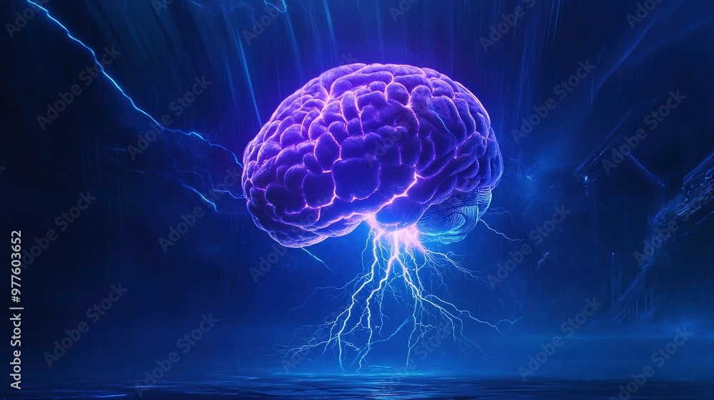Poster a vibrant and dynamic representation of a brain illuminated with electric energy in a dark backgroun