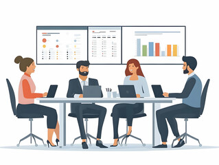 Flat Candid Office Team Meeting Concept: Team Discussing 2025 Goals with Calendars in a Collaborative Smart Business Vector Illustration