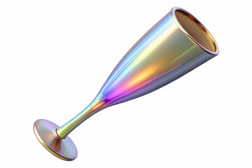 Obraz premium 3D Holographic Champagne Flute Rim Concept: Wide Shot Showcasing Intricate Patterns & Reflections on White Background with Copy Space