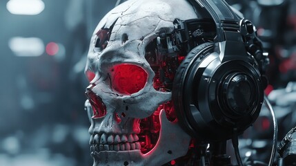 Fototapeta premium Sci-fi floating cyborg skull in futuristic lab with cables attached
