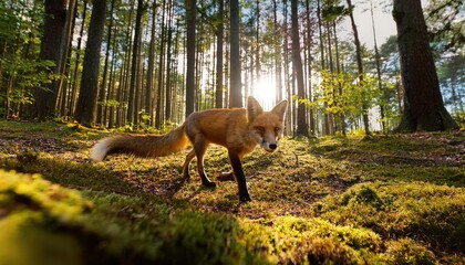 Red fox walks through forest