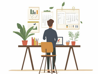 Flat Vector Illustration of an Individual Reflecting on 2025 Goals, Writing in Calendar - Candid Personal Reflection and Motivation Concept