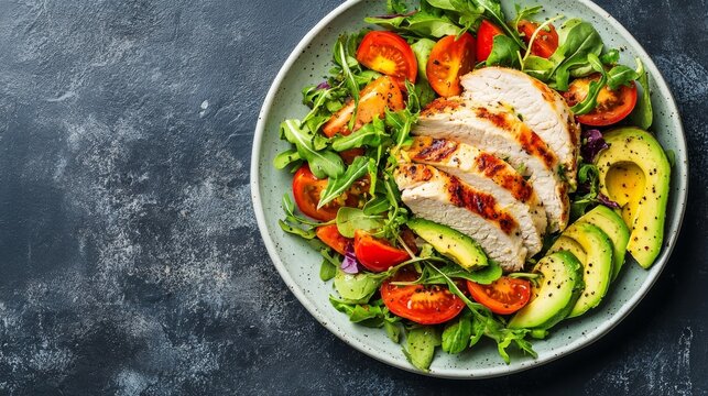 top view grilled chicken with avocado and fresh green salad on dark background, healthy dish concept for balanced diet and clean eating, copy space for advertising or editorial