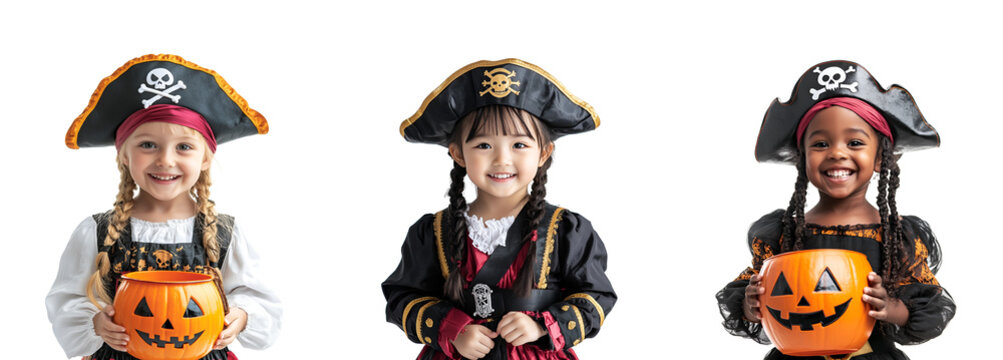 Halloween celebration set collection of little girls in pirate costumes and makeup, happy to celebrate, Isolated on Transparent Background, PNG - Powered by Adobe