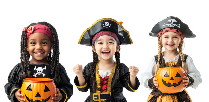 Set collection of little girls happy to celebrate Halloween in pirate costumes and makeup, Isolated on Transparent Background, PNG