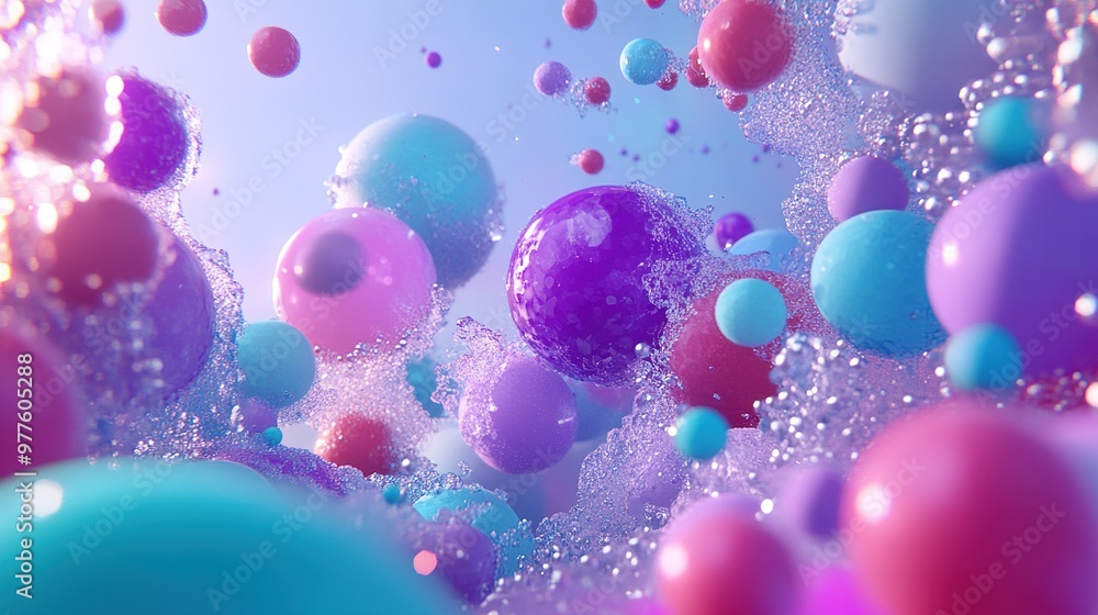 Poster colorful spheres floating in a bubbly environment with light reflections during a whimsical digital 