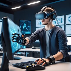 Student Engineer Wearing Virtual Reality Headset Holding Joysticks and Controlling Bionic Limb While Actions Displayed on Screen. Modern Equipment and Computer Science Education in University Concept.