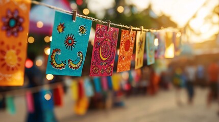 Colorful Hand-Painted Flags Hanging at a Market.