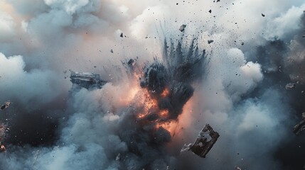 Explosive event with billowing smoke and debris occurring during daylight in an urban environment