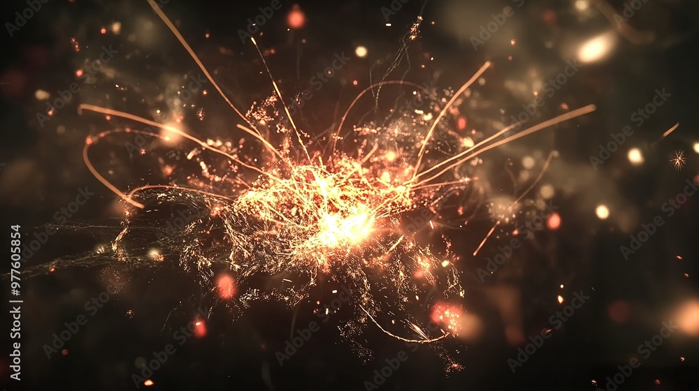 Poster dynamic explosion of sparks and energy particles illuminating a dark background with radiant colors 