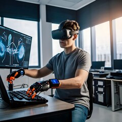 Student Engineer Wearing Virtual Reality Headset Holding Joysticks and Controlling Bionic Limb While Actions Displayed on Screen. Modern Equipment and Computer Science Education in University Concept.