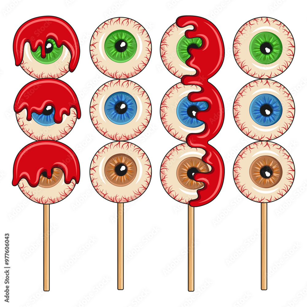 Poster set of color illustrations with eye candy on stick for halloween. isolated vector objects on white b