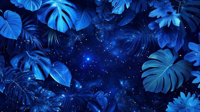 Explore vibrant blue tropical leaves against a cosmic backdrop, creating a dreamy garden in space.