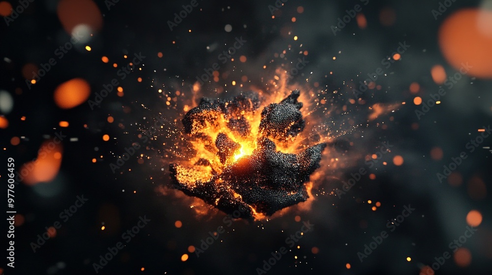 Poster dynamic explosion of bright orange sparks against a dark background, highlighting energy and motion 