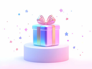 Obraz premium Flat Holographic Gift Box Podium Concept - Celebratory Symbol of Giving with Ample Copy Space for Text in Simple Vector Illustration