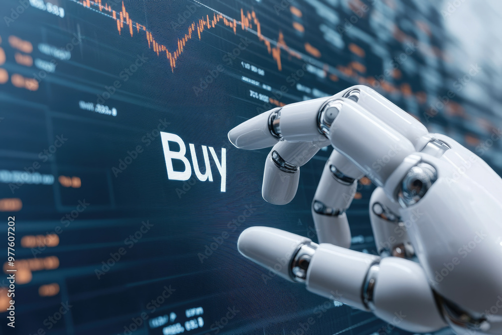 Poster ai-powered automation executing trades with a robotic hand, showcasing the future of stock trading t