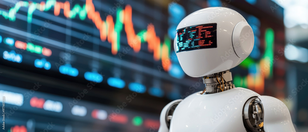 Poster a futuristic robot stands before a digital display showcasing stock trends, highlighting the role of