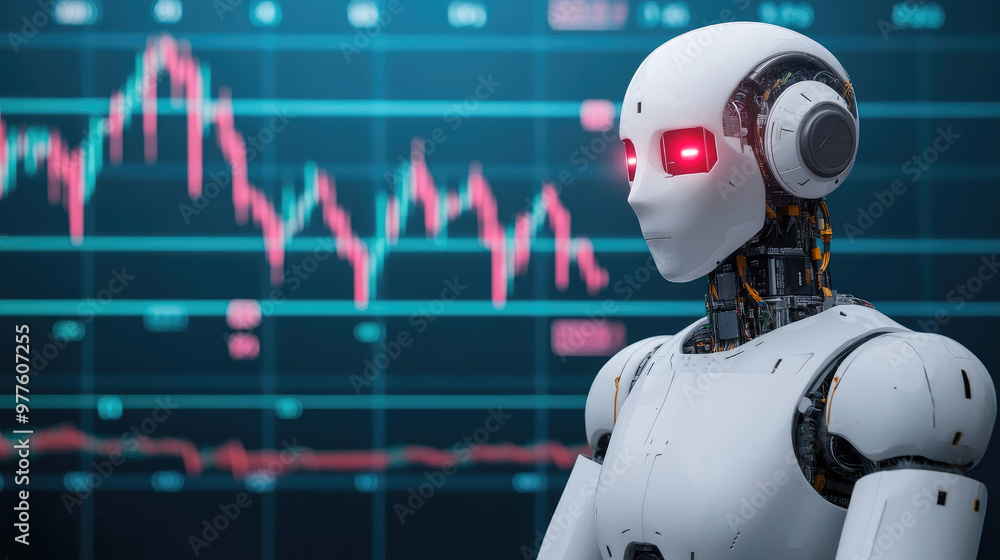 Poster a futuristic robot trader uses ai to forecast financial movements, standing before a glowing stock c