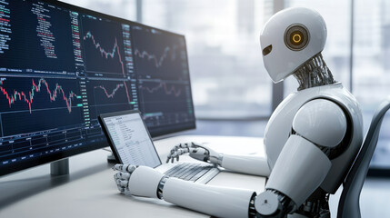 A sophisticated robot sits at a high-tech trading desk, utilizing AI to analyze stock graphs on virtual screens, showcasing efficiency in modern financial markets.