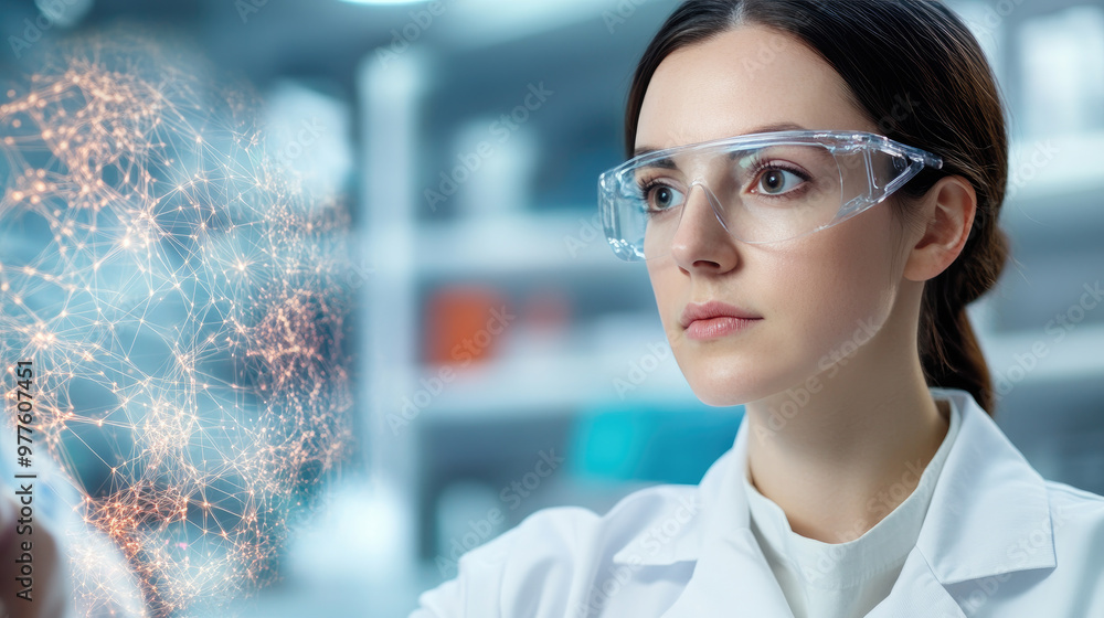 Poster a scientist examines complex bioinformatics data on a holographic display in a cutting-edge biotech 