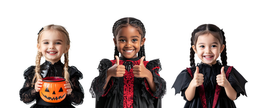Set collection of happy little girls in Halloween vampire costumes and makeup, celebrating Halloween, Isolated on Transparent Background, PNG