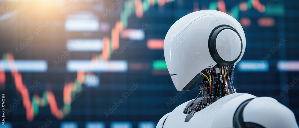 Poster explore a visual representation of stock market data processed by advanced ai learning systems, show